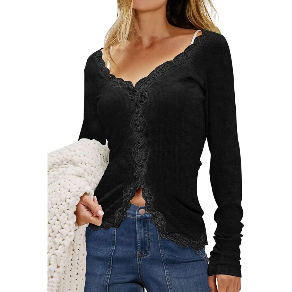 Lightweight Womens Cardigan V-Neck Button Lace Long Sleeve Fall Casual Wear
